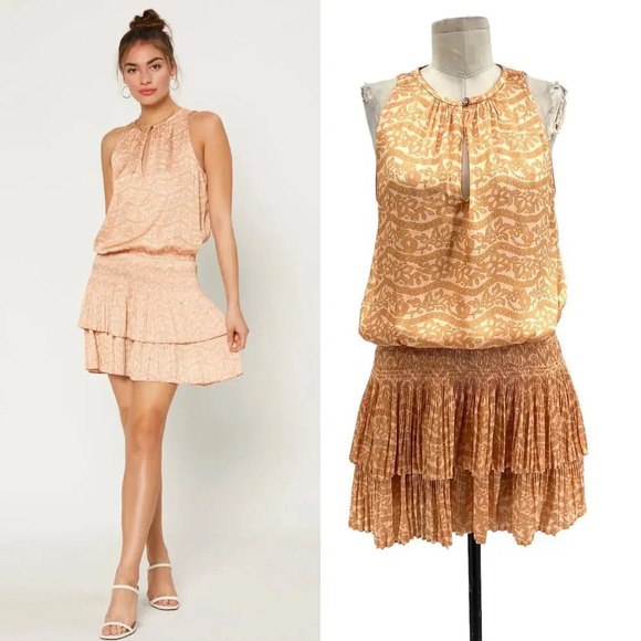 Current Air Los Angeles The Wyland Dress Smocked Mini Orange Floral Size Small - Picture 1 of 15